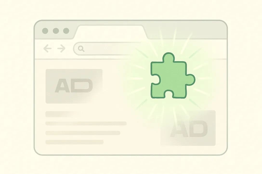 Illustration d'une extension de navigateur type uBlock Origin qui bloque les publicités